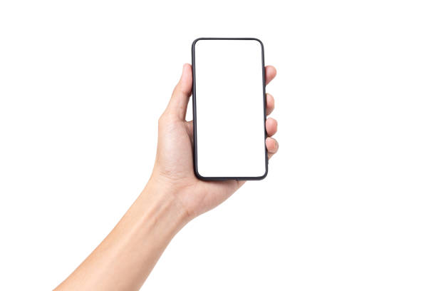 istock Hand man holding mobile smartphone with blank screen isolated on white background with clipping path 1492863102