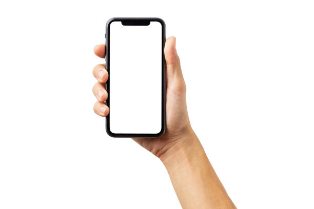 istock Hand business man holding mobile smartphone with blank screen with space for inserting advertising text. isolated on white background with clipping path 1492863103