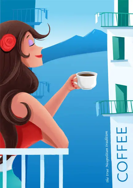 Vector illustration of girl drinking coffee looking out of the balcony in Naples