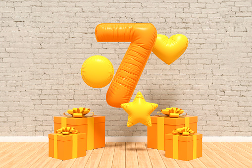 Number 7 Party Concept, Celebration, Birthday, Balloons, Gift Boxes, Digitally generated image.