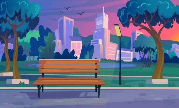 Vector illustration of Empty bench in the park on a summer sunset with a beautiful view of a city