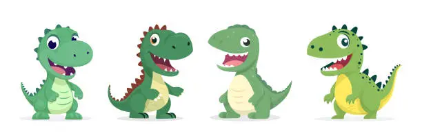 Vector illustration of Vector Cute Kind Baby Kid Smiling Dinosaur Set. Happy Cartoon Green Dinosaur Tyrannosaurus Rex, Tyrex Collection in Flat Style Isolated