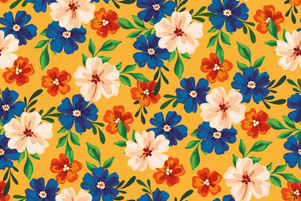 istock Seamless floral pattern, summer ditsy print with small cute flowers, leaves on a yellow background. Vector illustration. 1492868009