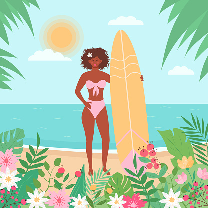 African woman in swimsuit with surfboard on the beach. Tropical palm leaves, flowers and plants around. Summertime, seascape, active sport, surfing, vacation concept. Flat cartoon vector illustration.