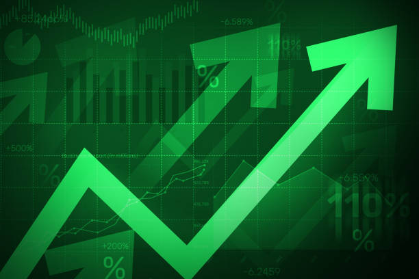 istock Green business growth graph with arrows and glowing design backdrop. Business and finance concept wallpaper 1492871918
