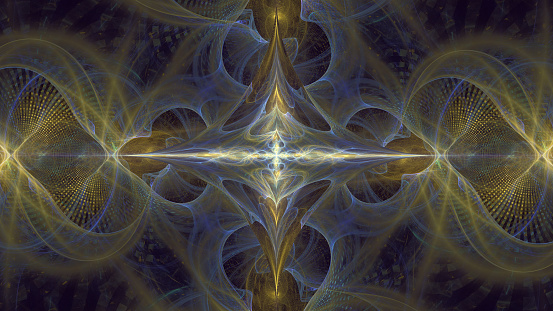 Abstract symmetrical fractal art background in gold and blue with a central cross shape.