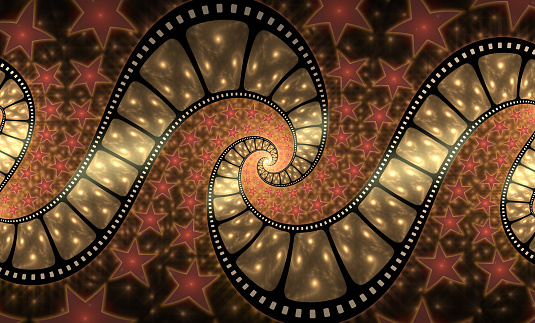 Movie-themed fractal art of twisted film strip and red stars.