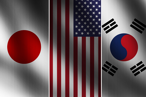 United States of America Invited Japan and South Korea for talks, waving flags background. A friendship between Countries concept backdrop