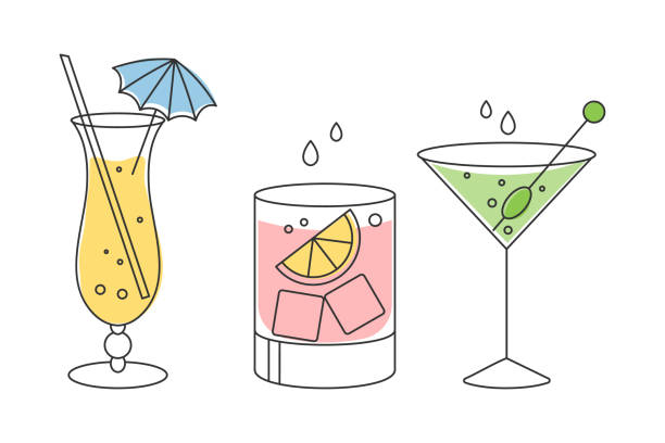 A set of linear drawings of refreshing fruit cocktails with different drinks, ice cubes, straws and umbrellas. A set of linear drawings of refreshing fruit cocktails with different drinks, ice cubes, straws and umbrellas. Drinks icons, cafe menu, vector drink umbrella stock illustrations