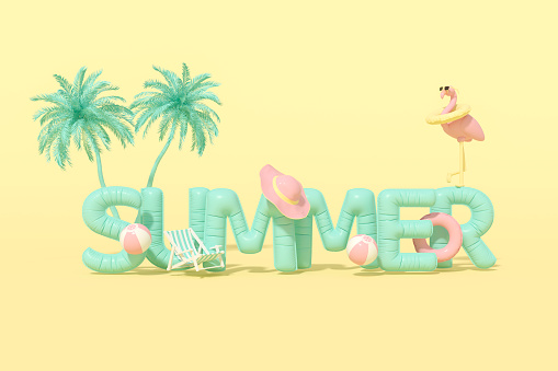Summer holiday travel background with inflatable flamingo. Digitally generated image.
