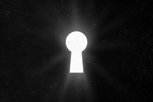 ilustrações de stock, clip art, desenhos animados e ícones de keyhole. white light breaks through the keyhole symbol of idea or hope. background illustration. - way out sign