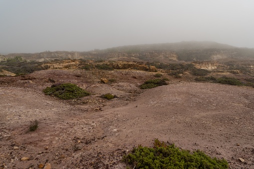 A barren desert landscape situated on the edge of a steep cliff, shrouded in a dense layer of fog
