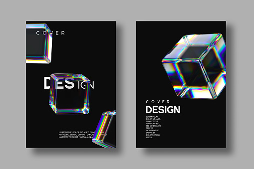 Set of brochures, flyers, posters, cover design. Abstract 3d transparent glossy cubes with dispersion effect on black background. Rainbow colors reflection glass. Vector illustration.