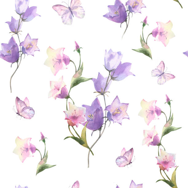 istock Watercolor seamless pattern with delicate pink field flowers, Bluebell herb and butterflies, drawing by watercolor, hand drawn floral illustration, isolated on white background. 1492875716