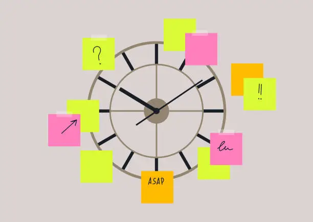 Vector illustration of Overwhelming planning concept, a wall clock surrounded with sticky notes