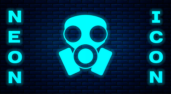Glowing neon Gas mask icon isolated on brick wall background. Respirator sign. Vector.