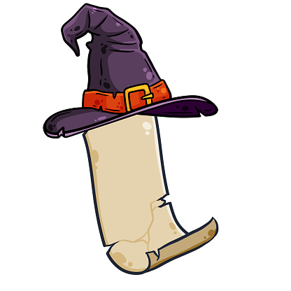 Witch hat and ancient paper scroll. Witchcraft objects set cartoon vector illustration