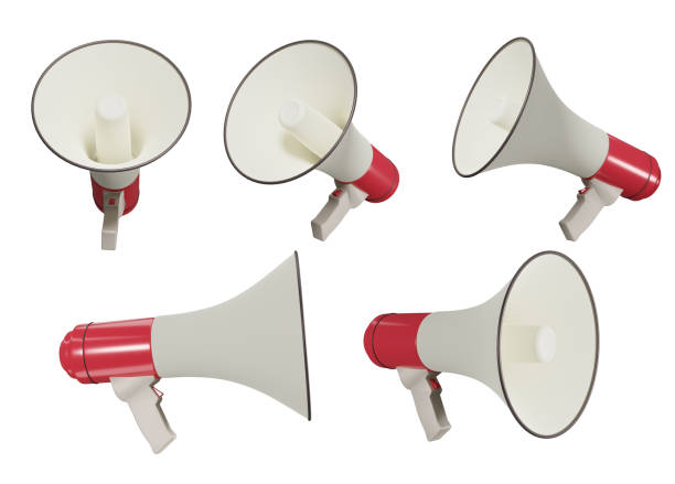 istock Set of Red megaphone loudspeaker isolate on white background. magaphone. 3d render illustration. 1492877446
