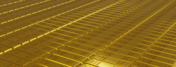 istock Panorama Stack of Pure gold bars background Stacked fine gold bars 1000g. Gold bars and Financial concept, copy space. 3d rendering. 1492877920