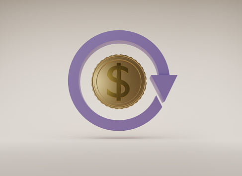 3D render cash back icon with gold coin isolate on beige background. Cashback or Refund money service design. Online payment on beige background. Income, savings, investment, 3d render