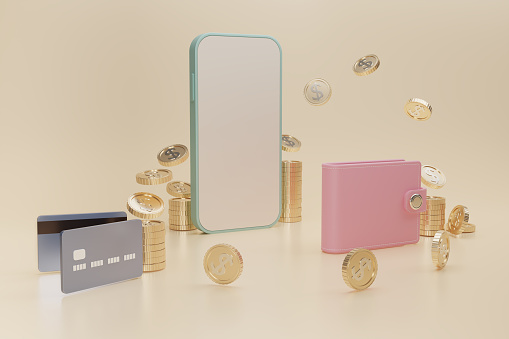 3D render Money transfer with wallet, smartphone, cradit card, Money online on mobile phone payment,earning. Capital flow. Cash flow with gold coins.Financial savings or economy concept.3D rendering.