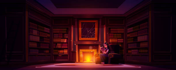 istock Young woman reading book near fireplace in library 1492879370