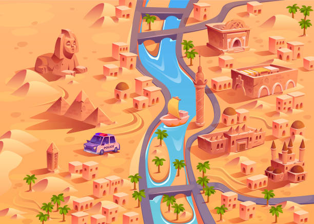 ilustrações de stock, clip art, desenhos animados e ícones de cartoon desert town with river and pyramids - desert egyptian culture village town
