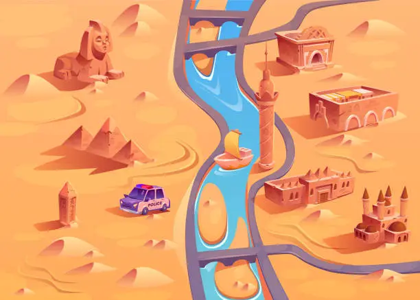 Vector illustration of Egypt desert map background for game level scene