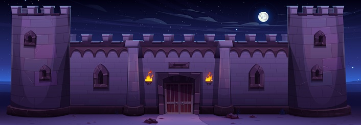 Wall of medieval stone castle at night. Vector cartoon illustration of ancient town citadel, fortress with windows, wooden gate and towers, moon and stars in dark sky. Old architecture. Royal palace