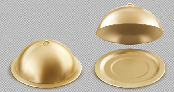 istock Realistic open and closed golden cloche food trays 1492880232