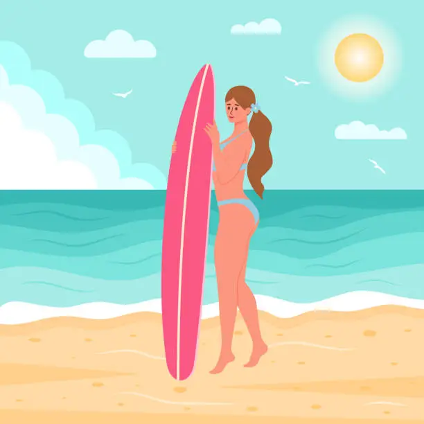 Vector illustration of Woman in swimsuit with surfboard on the beach. Summertime, seascape, active sport, surfing, vacation concept. Flat cartoon vector illustration.