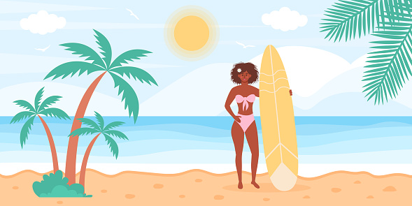 African woman in swimsuit with surfboard on the beach. Seascape with tropical palms. Summertime, active sport, surfing, vacation concept. Flat cartoon vector illustration.