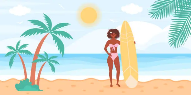 Vector illustration of African woman in swimsuit with surfboard on the beach. Seascape with tropical palms. Summertime, active sport, surfing, vacation concept. Flat cartoon vector illustration.