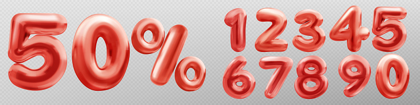 3d numbers font with percent sign for discount, special sale banner. Glossy balloons of red digits isolated on transparent background, vector realistic illustration