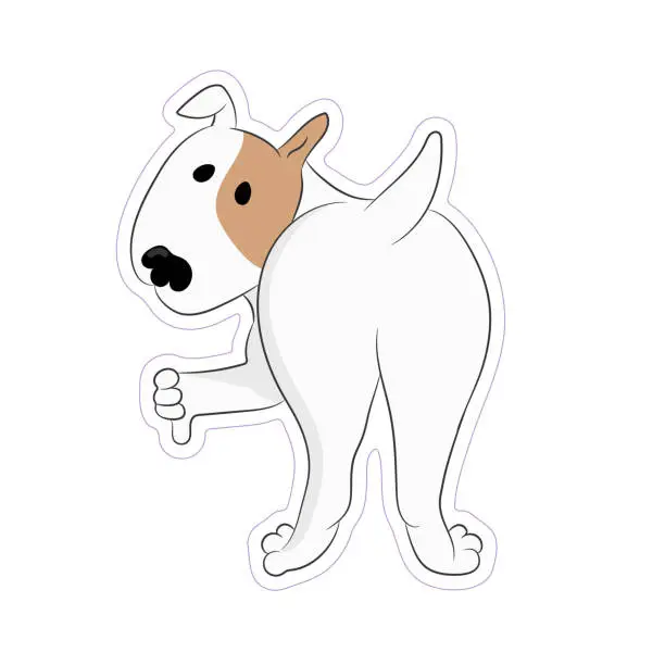 Vector illustration of Cute bull terrier dog with thumb down. Dog sticker isolated on white background. Hand drawn vector art