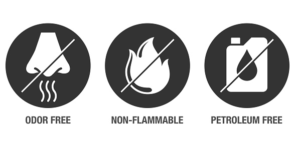 Odor free, Petroleum free, Non-flammable - flat icons set for labeling of cleaning agent or other household chemicals