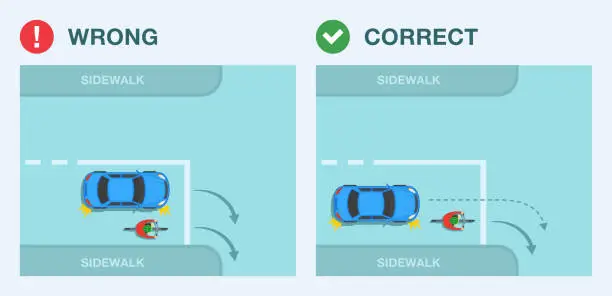 Vector illustration of Safe driving tips and traffic regulation rules. Correct and wrong right turn on junction. Sedan car and cyclist on a bicycle.