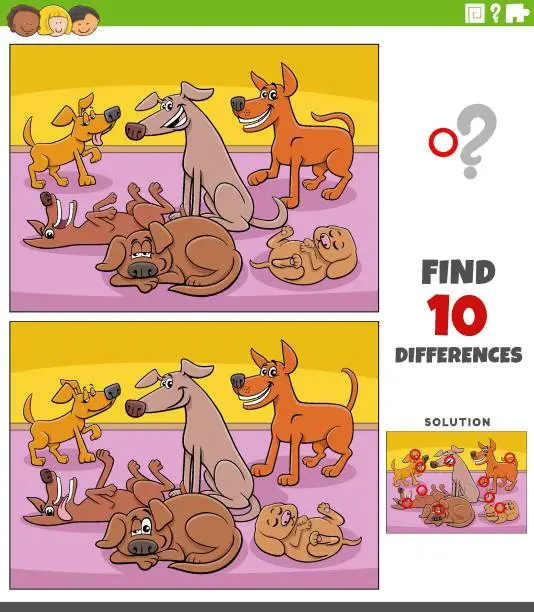 Vector illustration of differences activity with cartoon dogs characters group