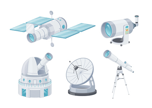 Astronomical telescopes radio orbital optical lens for cosmic observation set isometric vector illustration. Scientific universe satellite planetarium discovery galaxy planet magnify watching