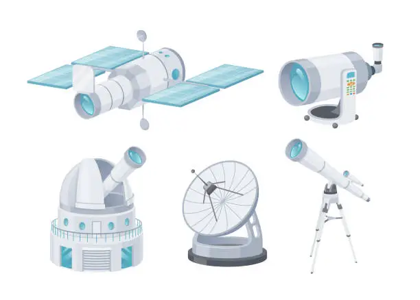 Vector illustration of Astronomical telescopes radio orbital optical lens for cosmic observation set isometric vector