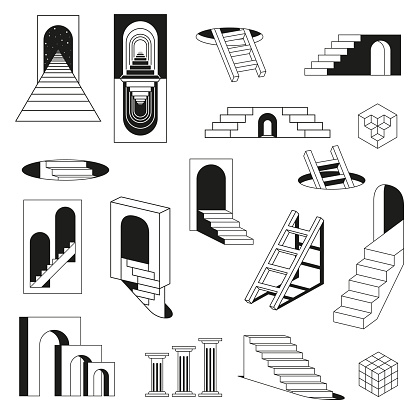Abstract ladder with steps exit entrance door hatch monochrome line black isometric set vector illustration. Surreal arch hole with staircase and antique columns geometric minimal shape mystic gates