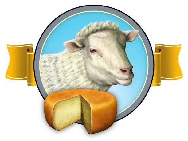 Nice label design including a sheep and some cheese. Digital illustration, clipping path included.