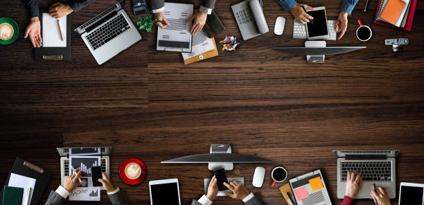 Group Young Coworkers Making Great Business Decisions.Creative Team Discussion Corporate Work Concept Modern Office.Startup Marketing Idea Presentation.Top View.