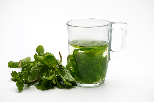 Fresh mint from the garden in a glass mug isolated on a white background .