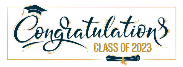 ilustrações de stock, clip art, desenhos animados e ícones de congratulations class of 2023 greeting sign. congrats graduated. academic cap and diploma. congratulating banner. handwritten brush lettering. isolated vector text for graduation design, greeting card - felicitar