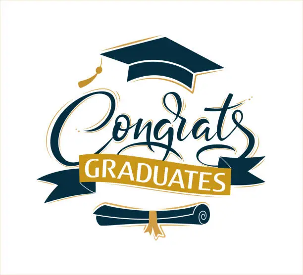 Vector illustration of Congrats Graduates. Greeting lettering sign with academic cap and diploma. Congratulating vector banner for graduation party, congratulation ceremony,  card. University, school, academy grads symbol