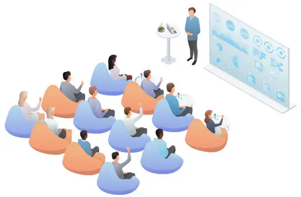 Vector illustration of Business presentation, speech. Teamwork business presentation conference coworking workplace brainstorming, discussion on puff. Concept of business training or courses. Vector isometric, 3d