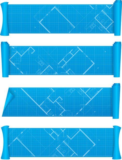 Four banners that connect together to make a blueprint Vector set of blueprint,scroll banners. blueprint borders stock illustrations
