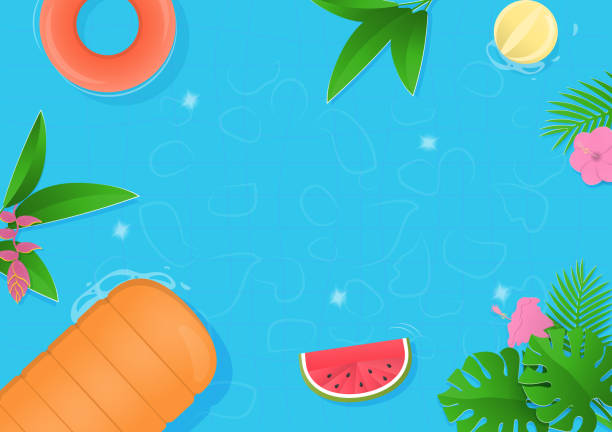 istock Tropical trees and inflatable rings in swimming pool background 1492898125