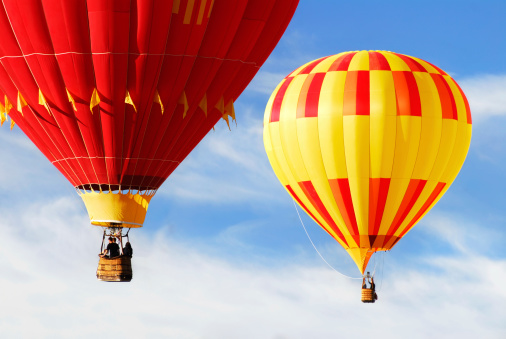 Hot air balloon flying near Goreme in Cappadocia, Turkey. Copy space. Write your message.